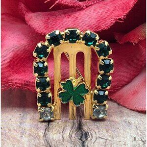 Gold Tone Lucky Tiny Horseshoe Clover Brooch Lapel Pin Green Rhinestones Enamel